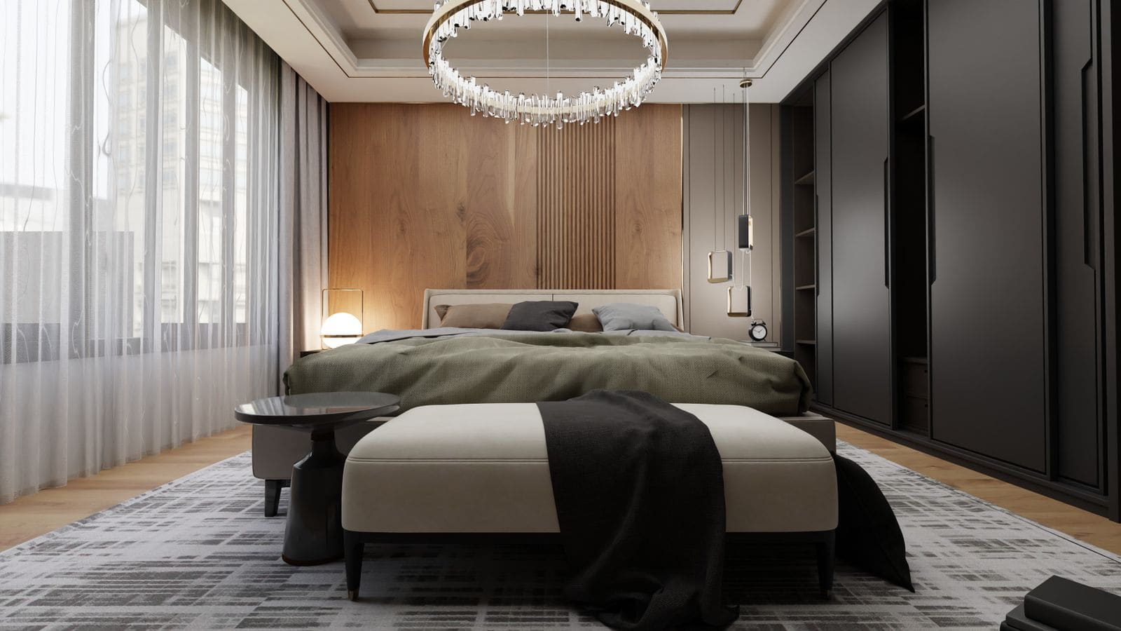 Elegant bedroom interior with sleek furniture and warm ambient lighting