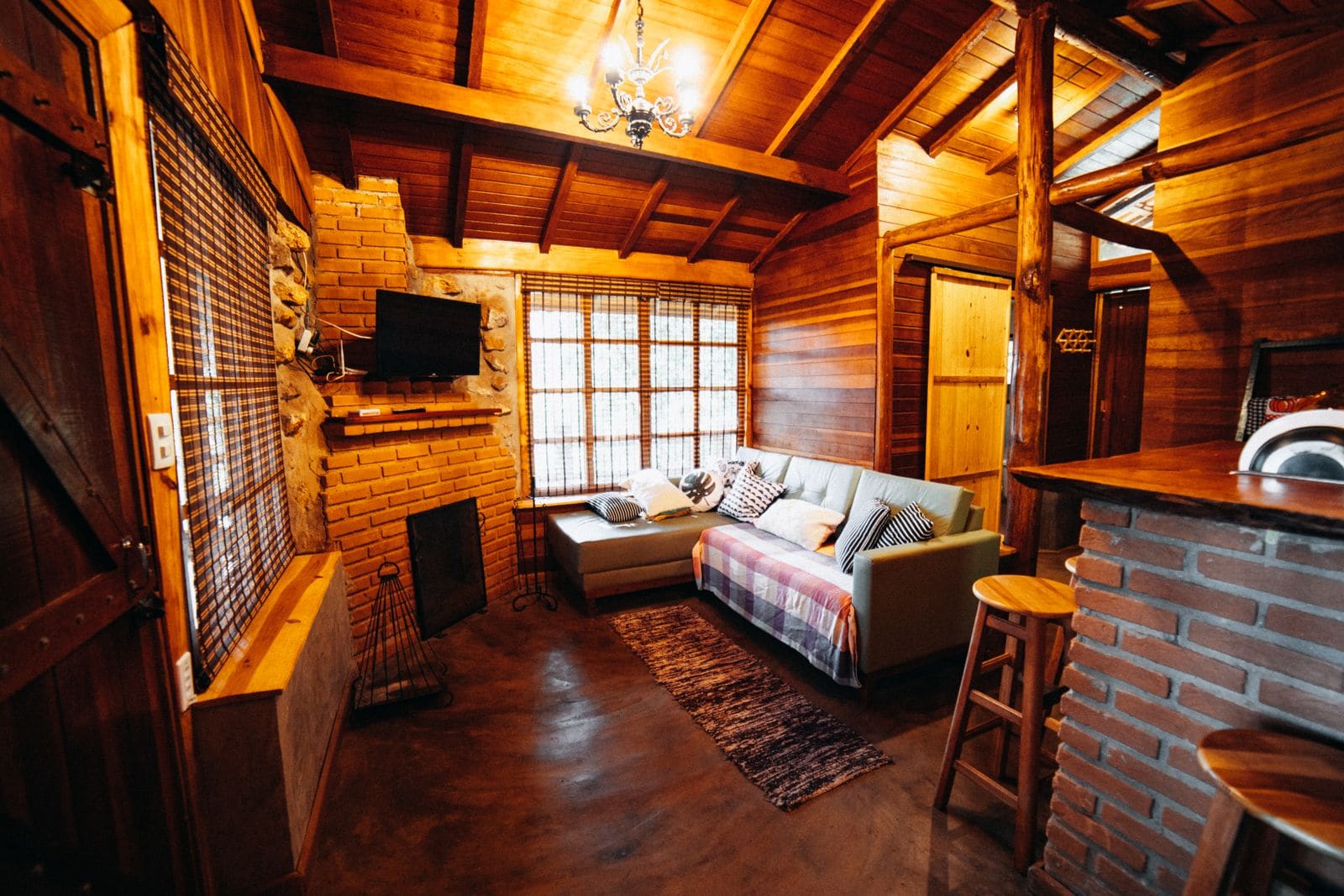 Inside a warm wooden cabin
